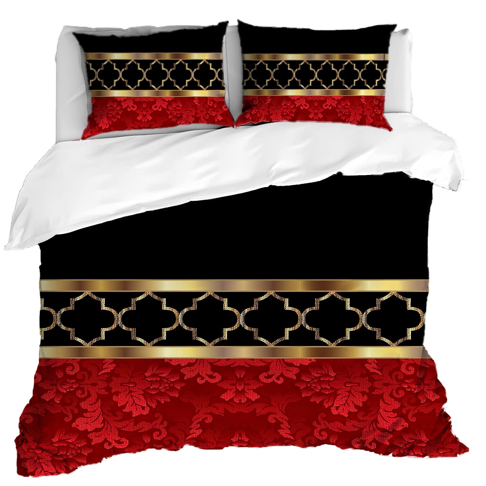 Duvet Cover King Size, Black Gold Red Geometry Art Vintage Floral Pattern Hotel Decorative 3 Pcs Bedding Set Luxury Durable Comforter Set For Hotel