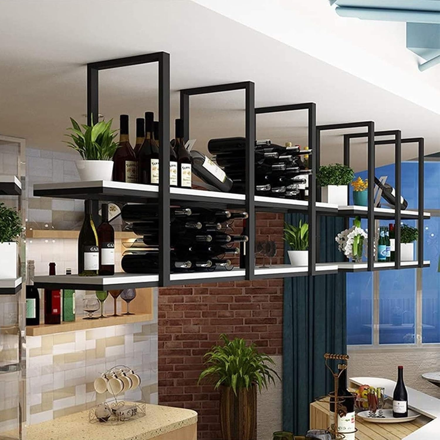 European-Style Wrought Iron Plant & Ceiling Hanging Wine Rack - Double Layer Solid Wood Floating Display Stand for Home, Kitchen, Restaurant, & Bar - Chic Black Storage Solution