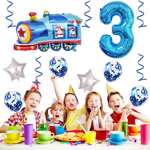 Miniatura 3 de Globos de tren de cumpleaños de tercer cumpleaños, decoración de tercer cumpleaños, globo gigante de papel de aluminio, globo de Mylar número 3 para