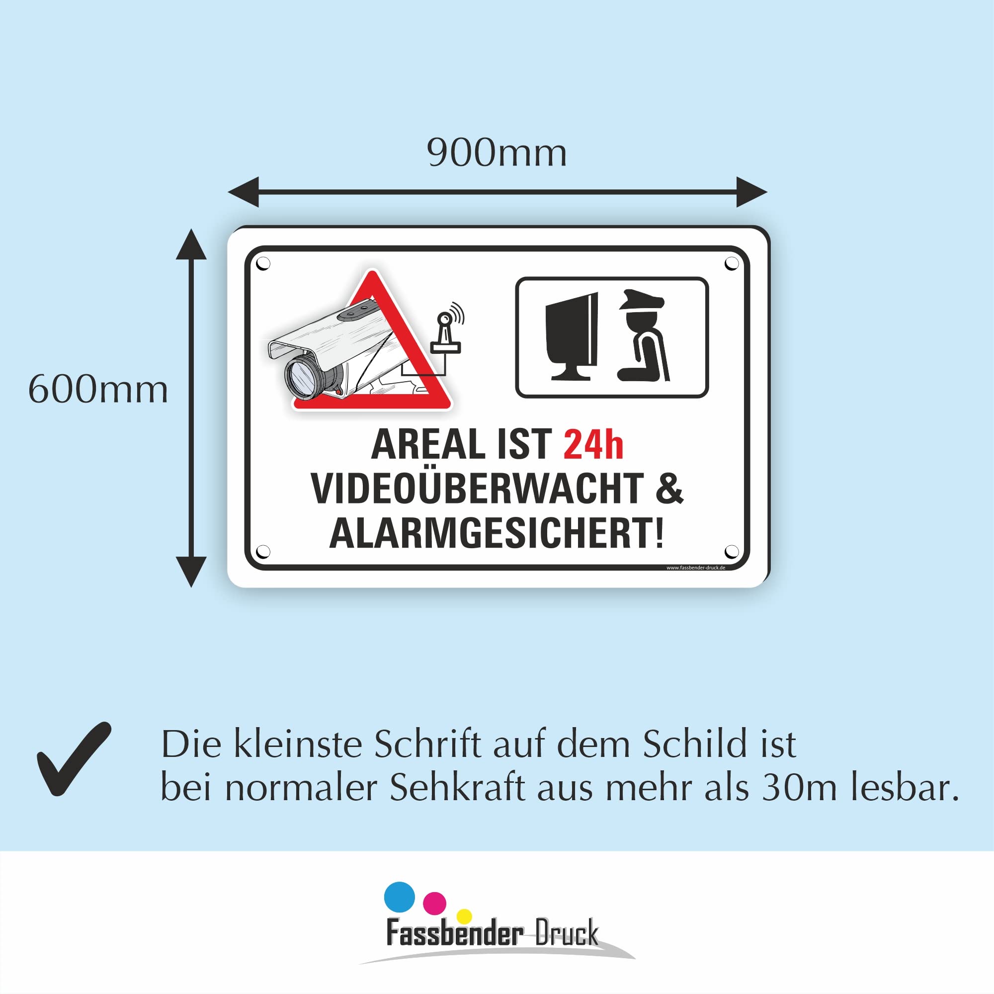 AREAL ist 24h VIDEOÜBERWACHT vorgebohrtes Schild zum Markieren eines videoüberwachten Bereiches - Videoüberwachungsschild mit Bohrlöchern - (90x60cm SCHILD)