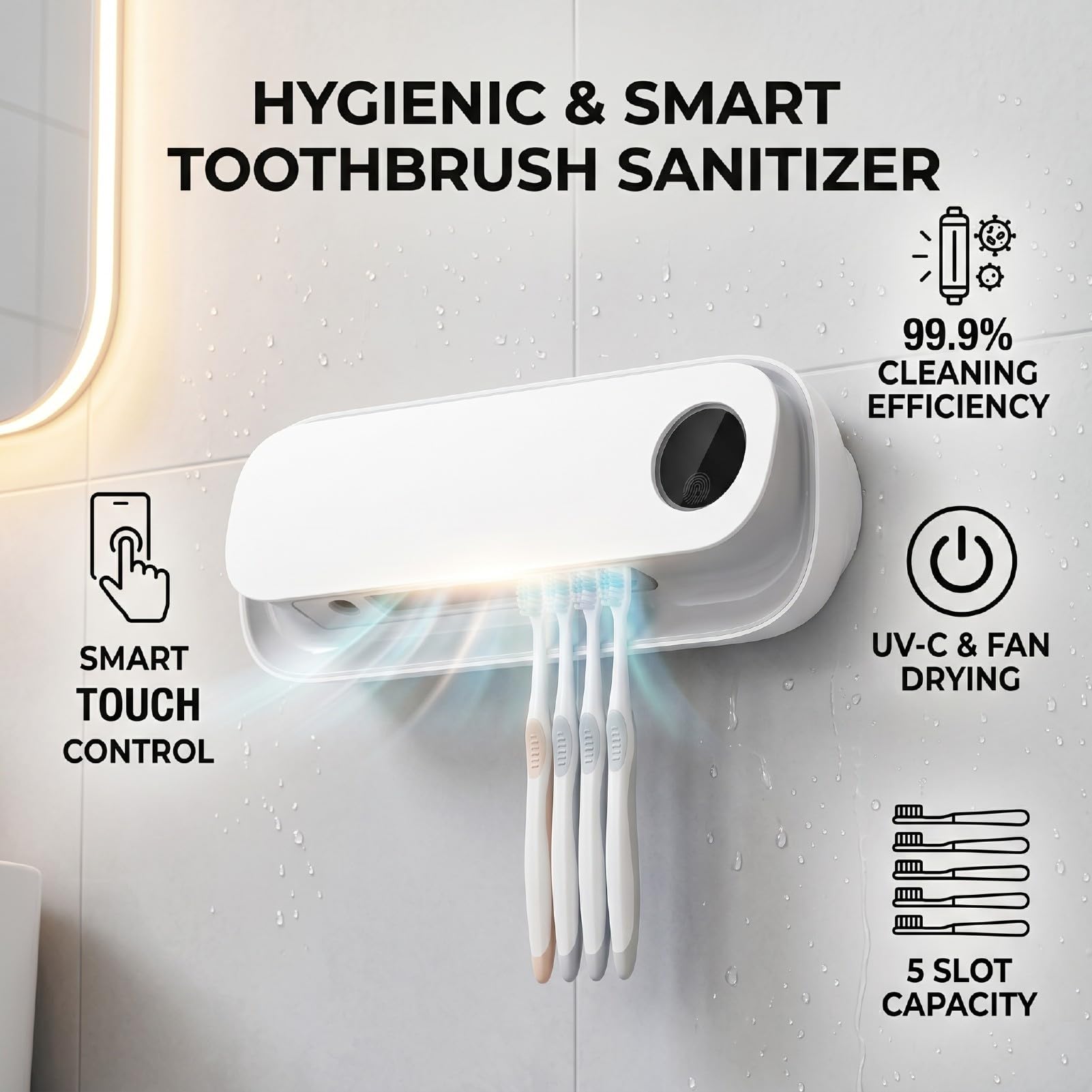 Fabater Soporte para Cepillos de Dientes para Baño, Limpiador Inteligente de Cepillos de Dientes de 5 Ranuras para Montaje en Pared con Pantalla, 99,9% de Eficiencia de Limpieza