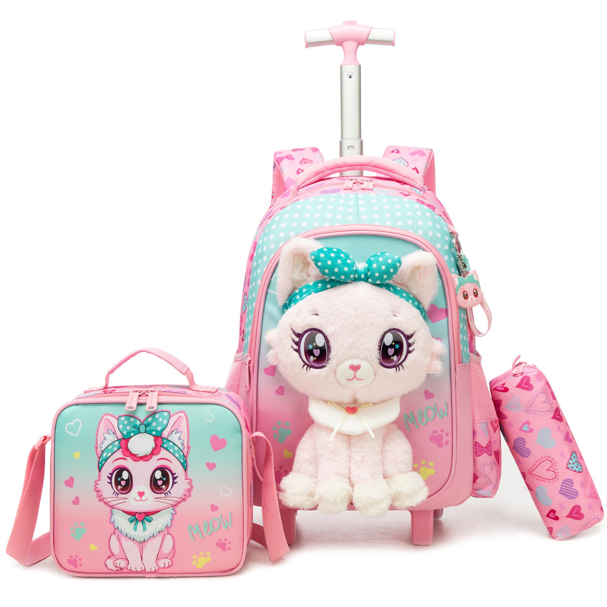 HTgroce Schulrucksack Trolley Mädchen (Süße Katze) – Schulranzen mit Rollen & Kinderkoffer – Schultasche für Grundschule (1. & 2. Klasse) & Reisen