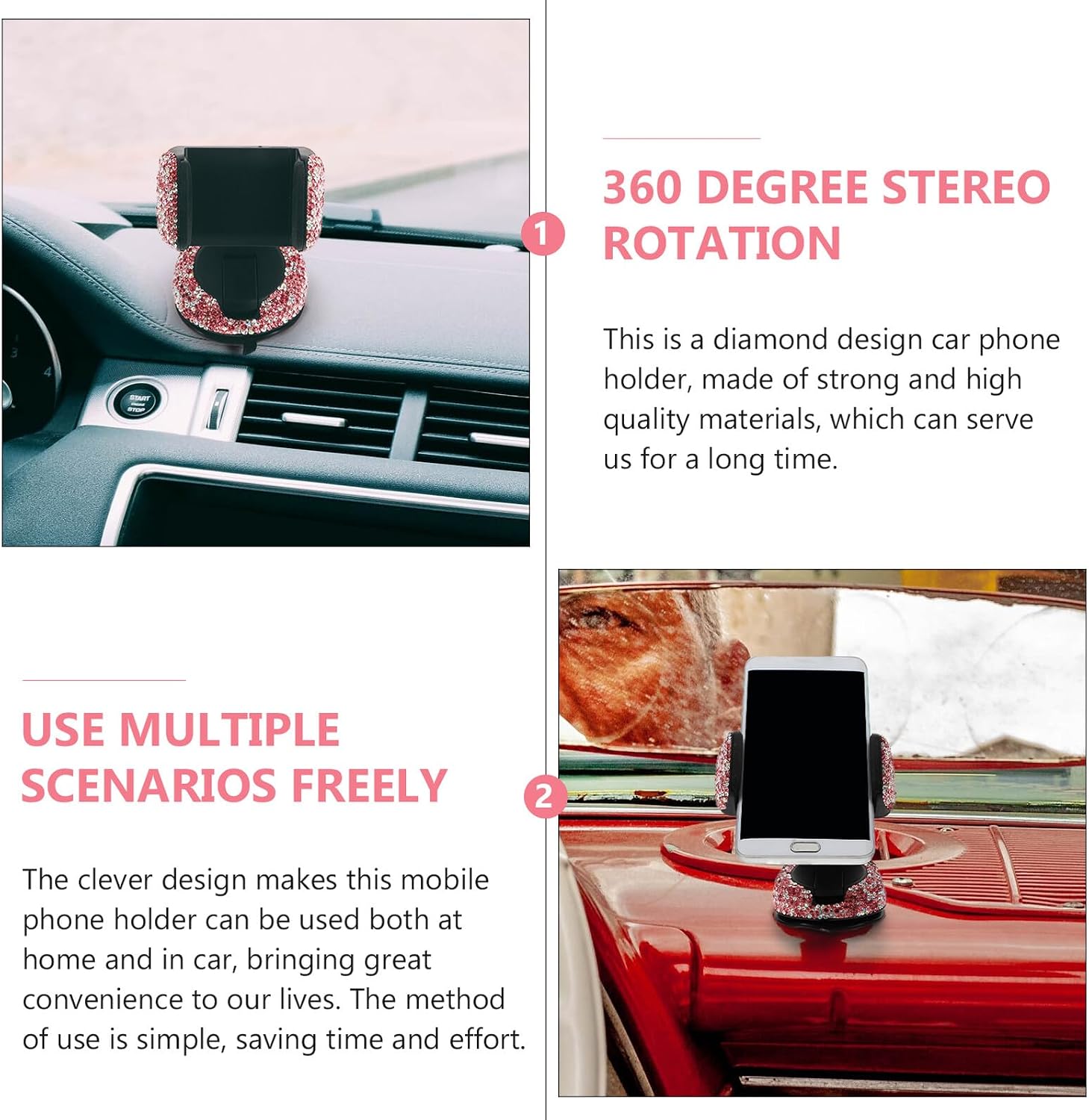 ULTECHNOVO Car Mobile Phone Holder with Rhinestones for Car Navigation, Portable Dashboard Phone Stand Clip Holder, Compatible with Smartphones, Pink Gradient Design, Travel Accessory image 3