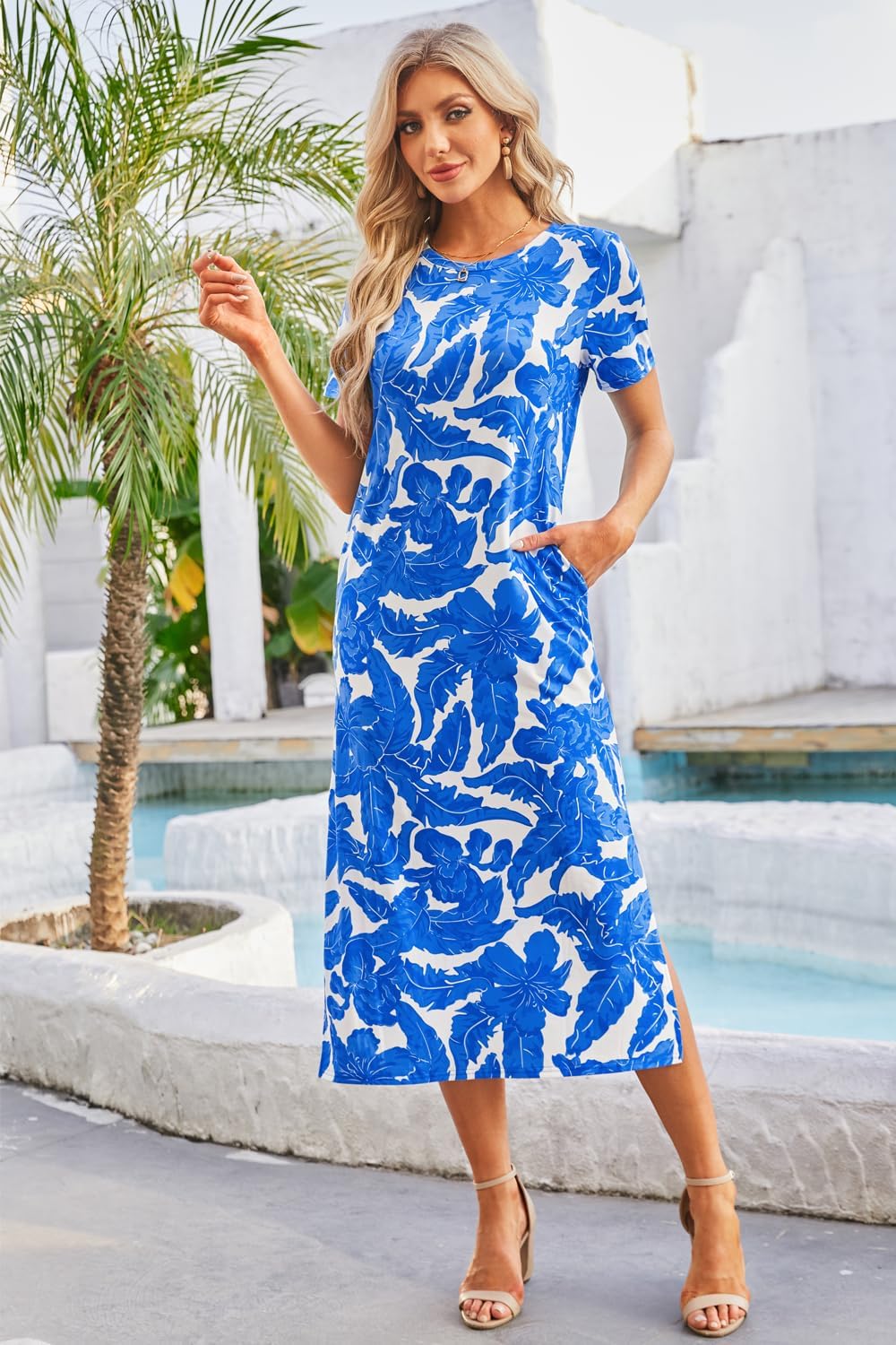 Naggoo Womens Short Sleeve Split Maxi Dress Casual Plain Tie Dye Print Tshirt Long Dresses with Pockets - Image 3