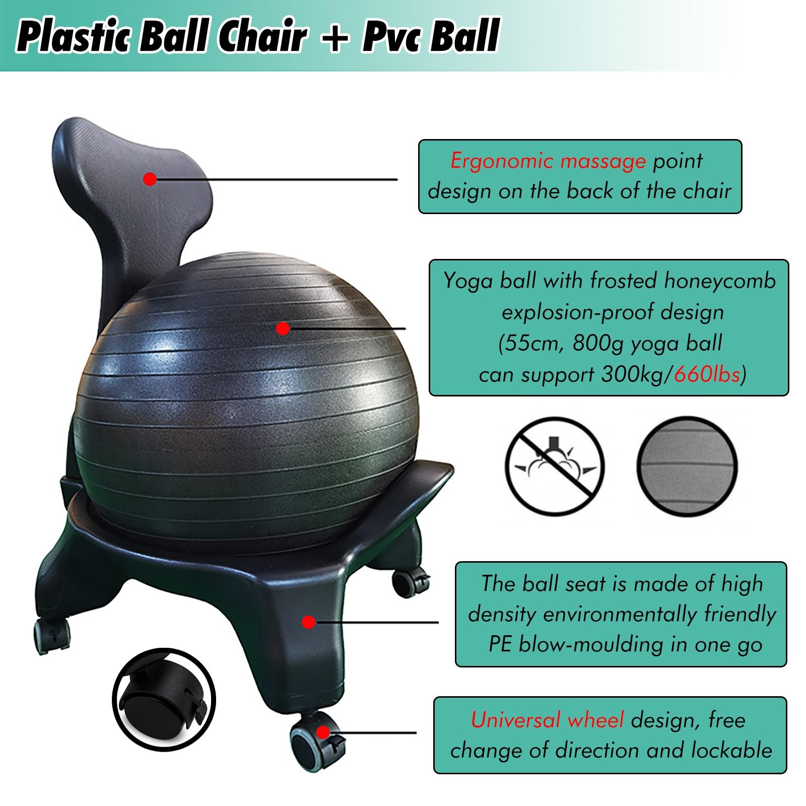 SRNSAEB PVC Office Ball Chair for Adult, Height 31in Gym Workout Ball with Roller Base for Home/Commercial, Birthing Ball Office Chair for Pain Relief/Exercise Core Muscles(Gray)