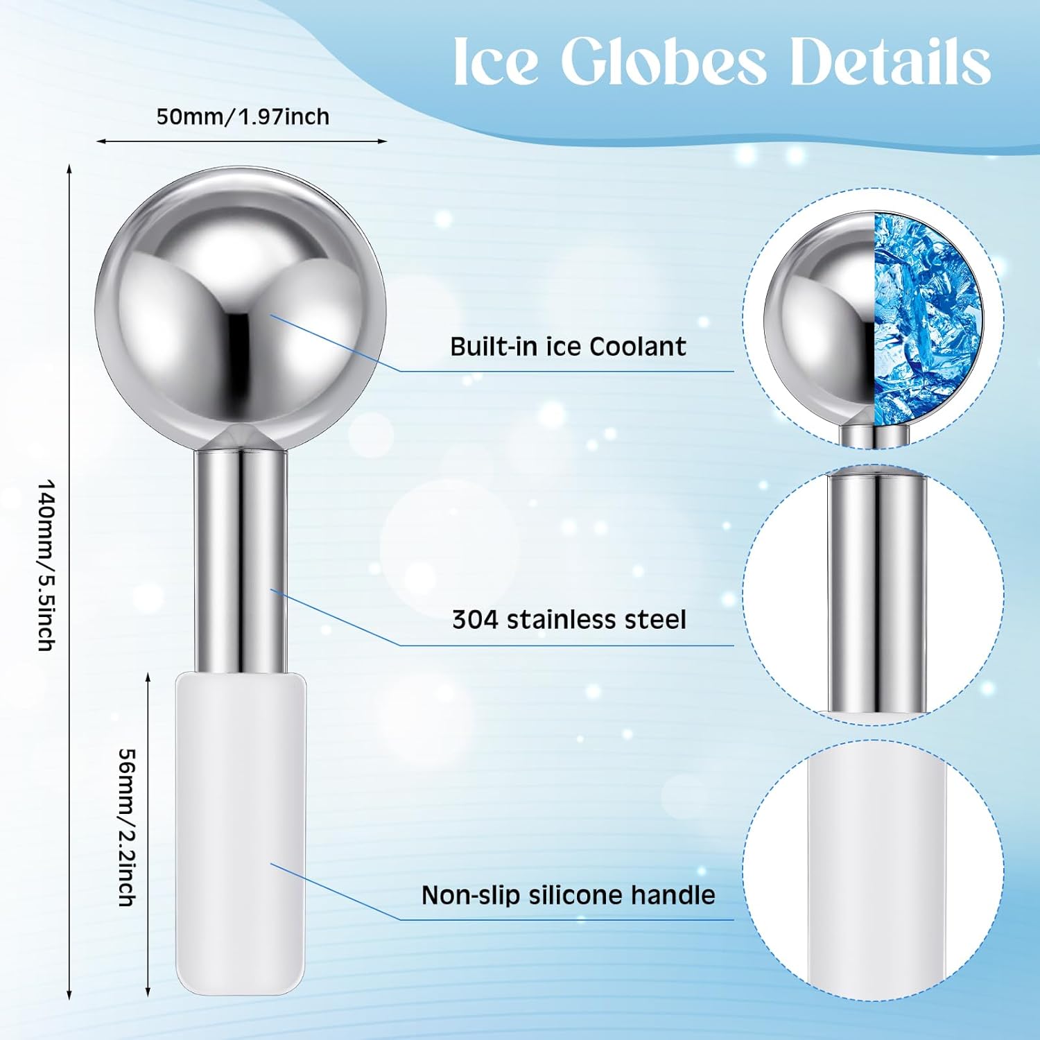 Baderke 2 Pcs Ice Globes for Face Stainless Steel Cooling Globes Unbreakable Cooling Roller Women Ice Balls Cryo Sticks Facials Skin Care for Dark Circles, Puffiness(Silver (White Handle)) - Image 2