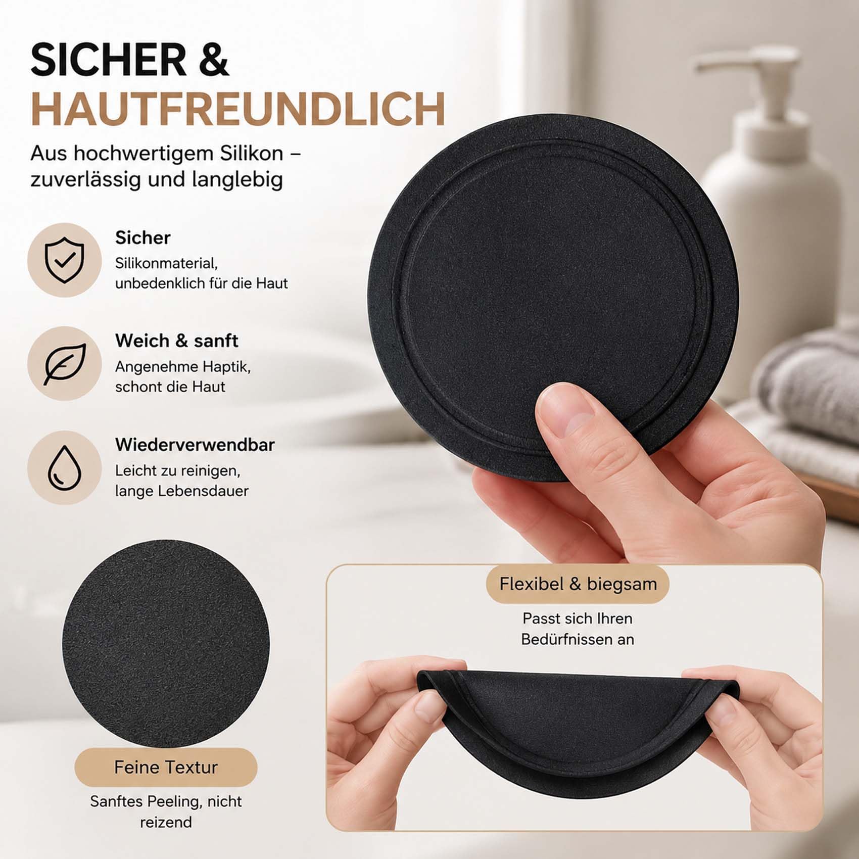 Schmerzfreier Peeling-Handschuh, KöRperpeeling Pad zur Tiefenreinigung, Wiederverwendbarer Badehandschuh für Sanfte Massage & Hautpflege, FüR Alle Hauttypen (8* Schwarz)