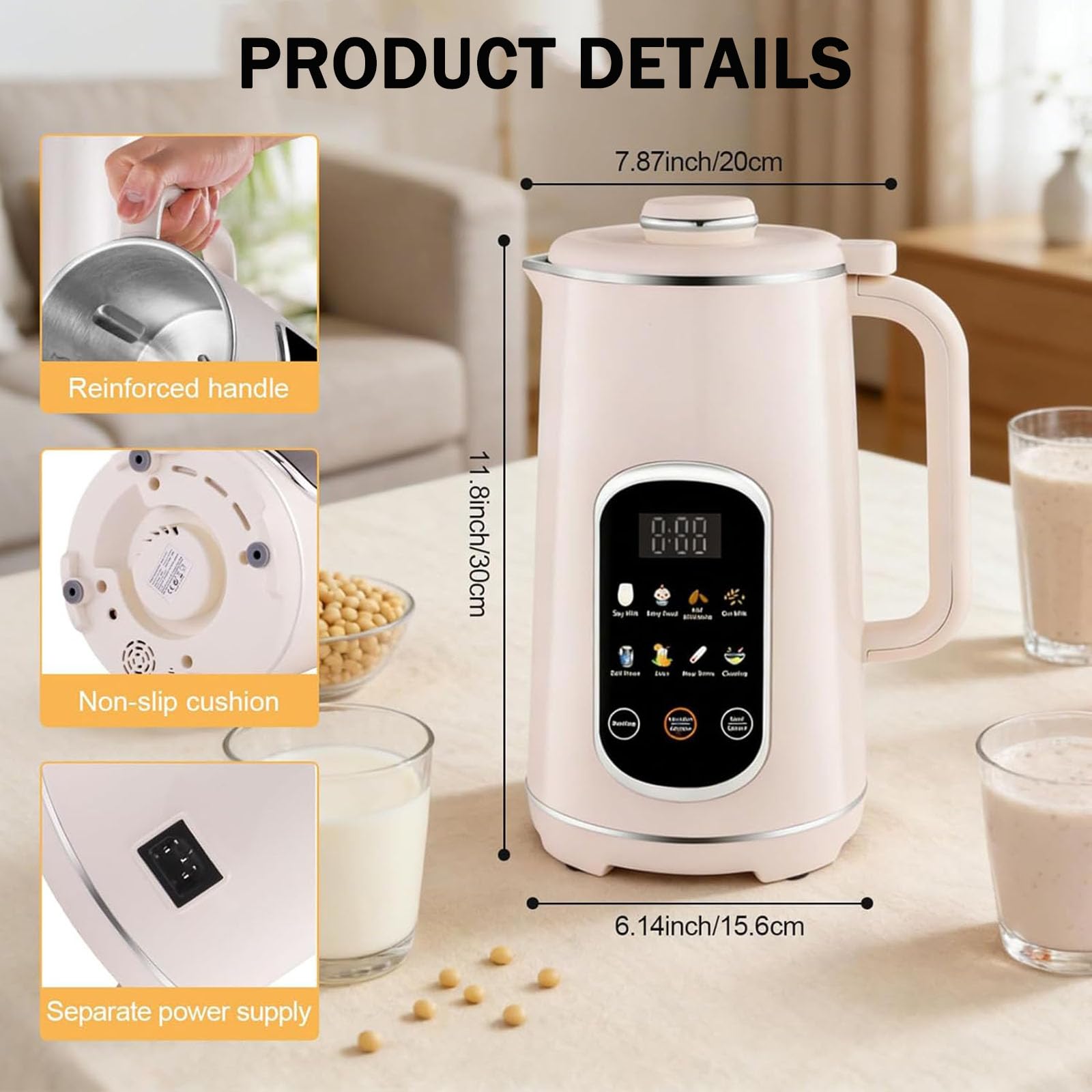 Macchina per Latte di Soia 800W, Macchina per Latte di Soia Elettrica da 1,2Litri con Timer Intelligente 12 Ore e 8 Funzioni, Macchina per Latte Vegetale Completamente Automatica per Mandorle, Avena