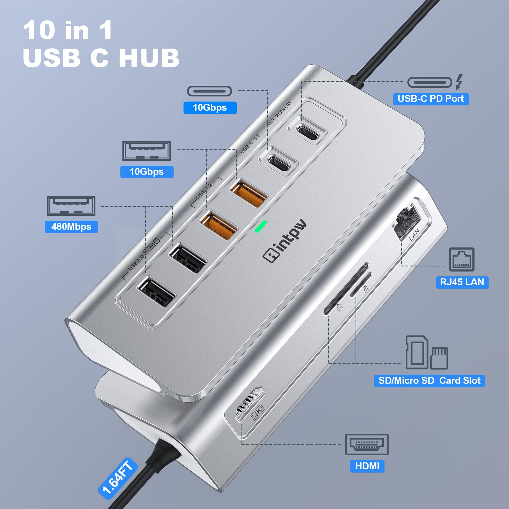 Intpw P9R PRO USB C Hub, 10-in-1 USB C Docking Station mit 1Gbps Ethernet, 4K@60Hz HDMI, 10Gbps 2 Type-A/C 3.2, 2 Type-A 2.0, PD 100W, SD/TF, Aluminium USB HUB für iPhone16/15 Series/MacBook