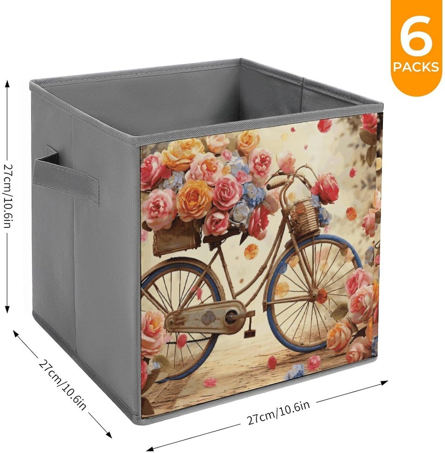 Flower Bicycle Storage Cubes Set of 6 Storage Bins with Handles Collapsible Storage Basket Fabric Storage Box for Shelves Large Closet Shelf Organizer for Organization 11 Inch