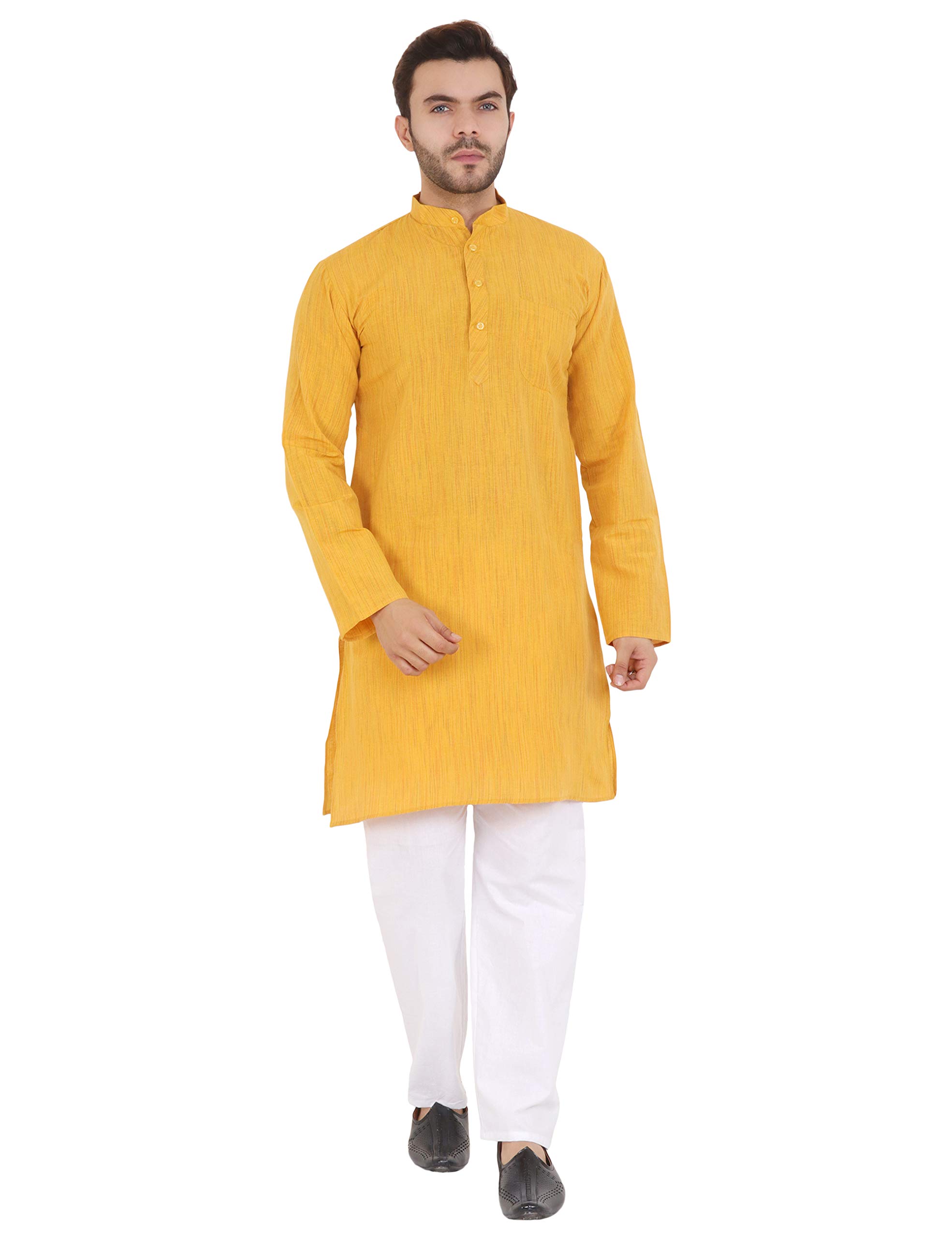 aanchlik gramin Men's Cotton Straight Kurta Pyjama Set (Large, Yellow)-picture-23