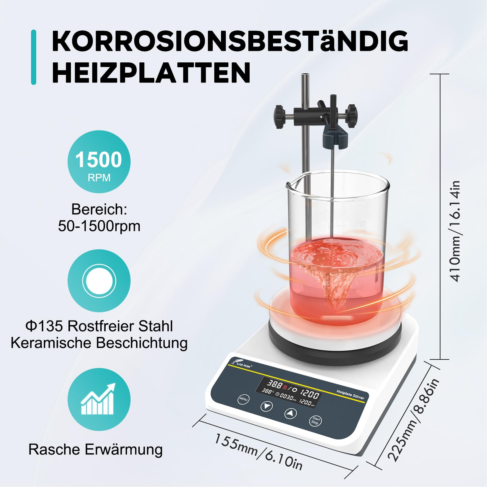LAB FISH Magnetrührer Heizplatte 310℃/ 590℉ 5 Zoll Keramik-Heizplate, Digitaler Magnetmixer mit Timer, 50-1500 U/min, 3L Kapazität, inkl. externer Temperatursonde & Rührfisch