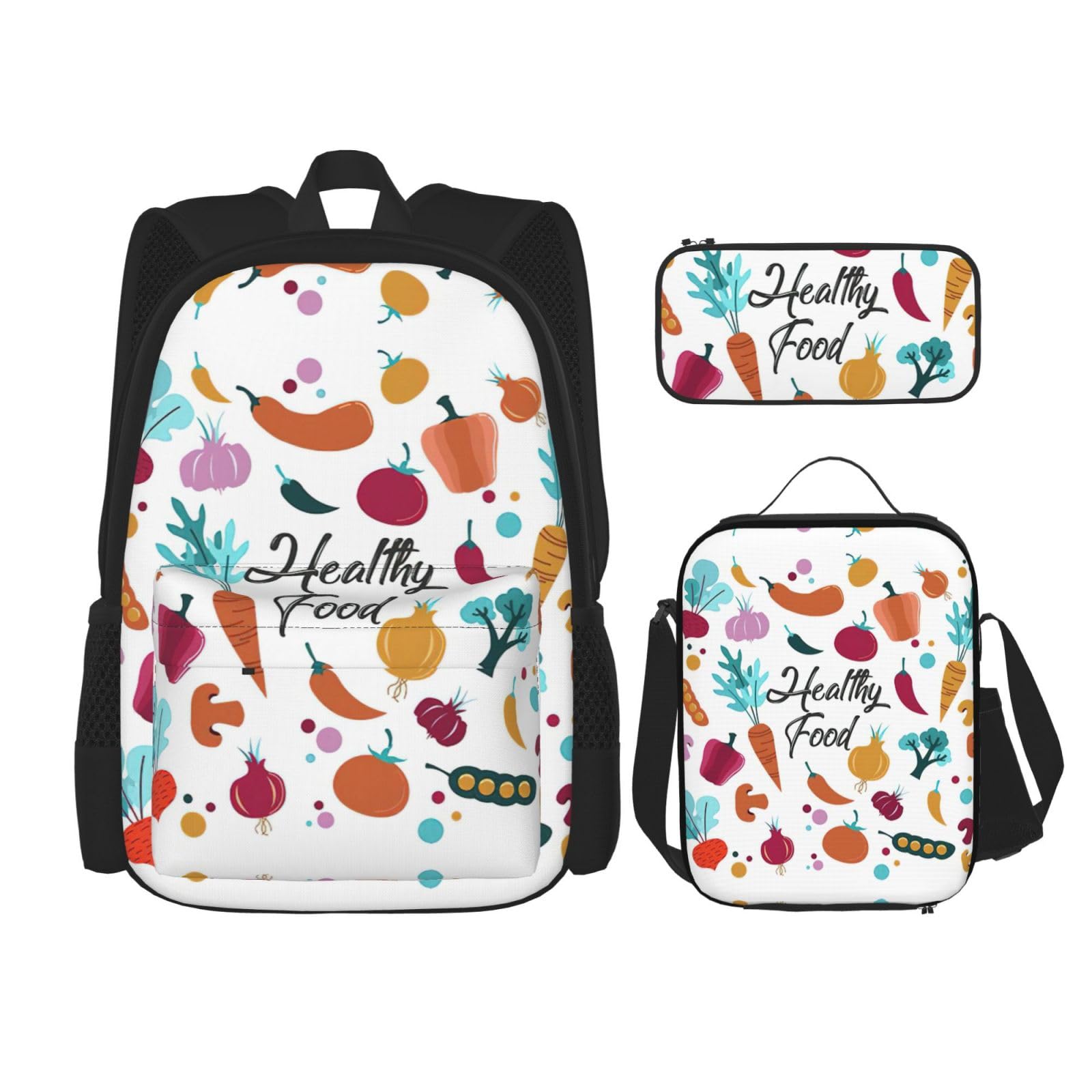 Juego de 3 mochilas escolares con estampado de alimentos saludables, mochila para laptop resistente al agua de gran capacidad con bolsa de almuerzo aislada y estuche para lápices para
