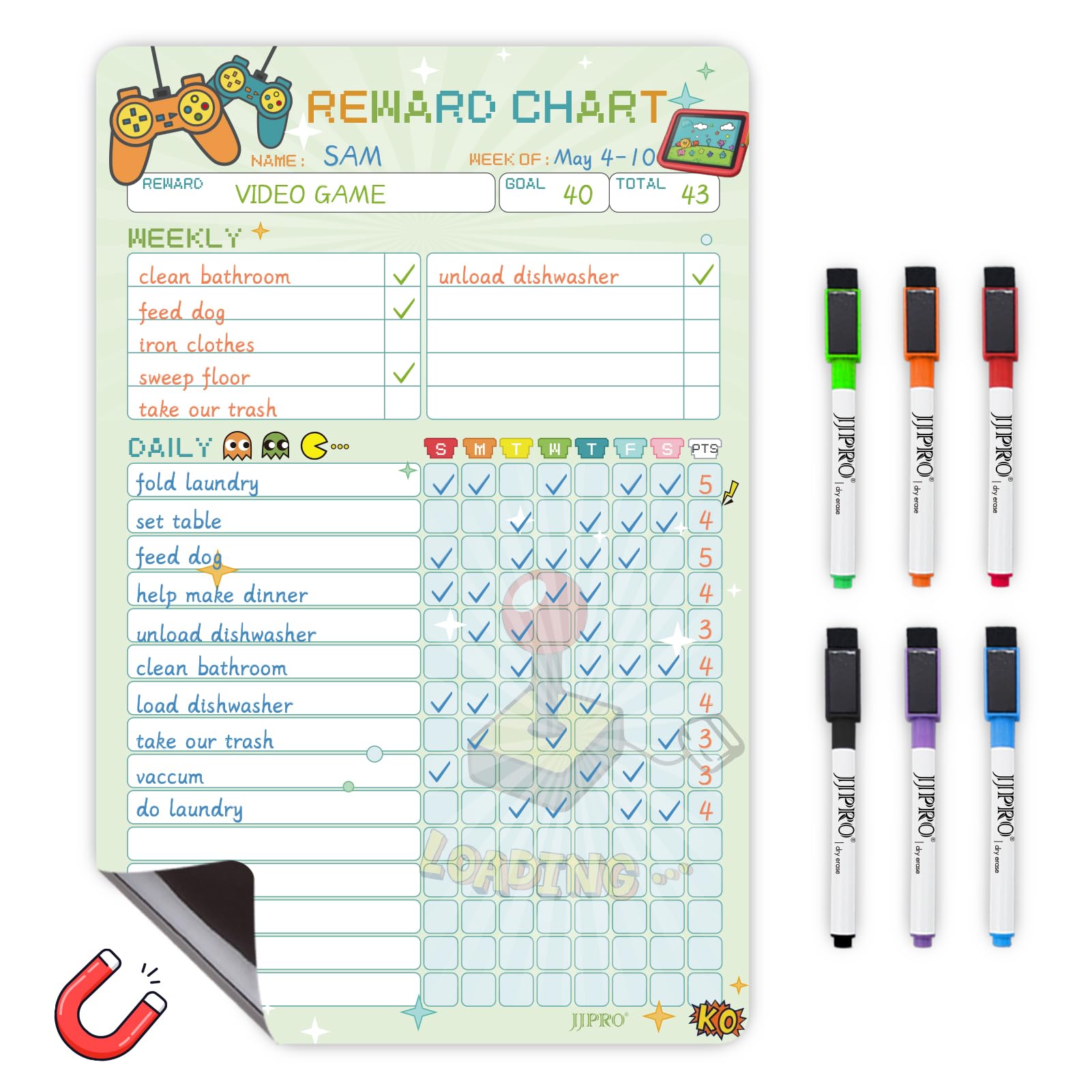 JJPROMagnetic Dry Erase Chore Chart for Fridge-Used for Kids Behavior-Reward Chart for Kids,Teenagers,Reward Chart with 6 Markers-Green