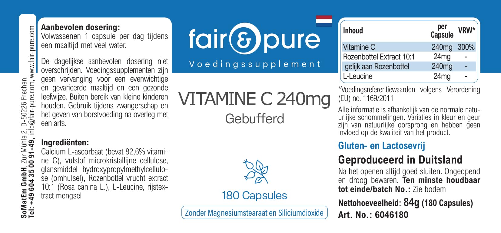 Fair & Pure® - Vitamina C tamponata - Buffered Vitamin C 240mg - Vegan - 180 Capsule (Confezione da 2)