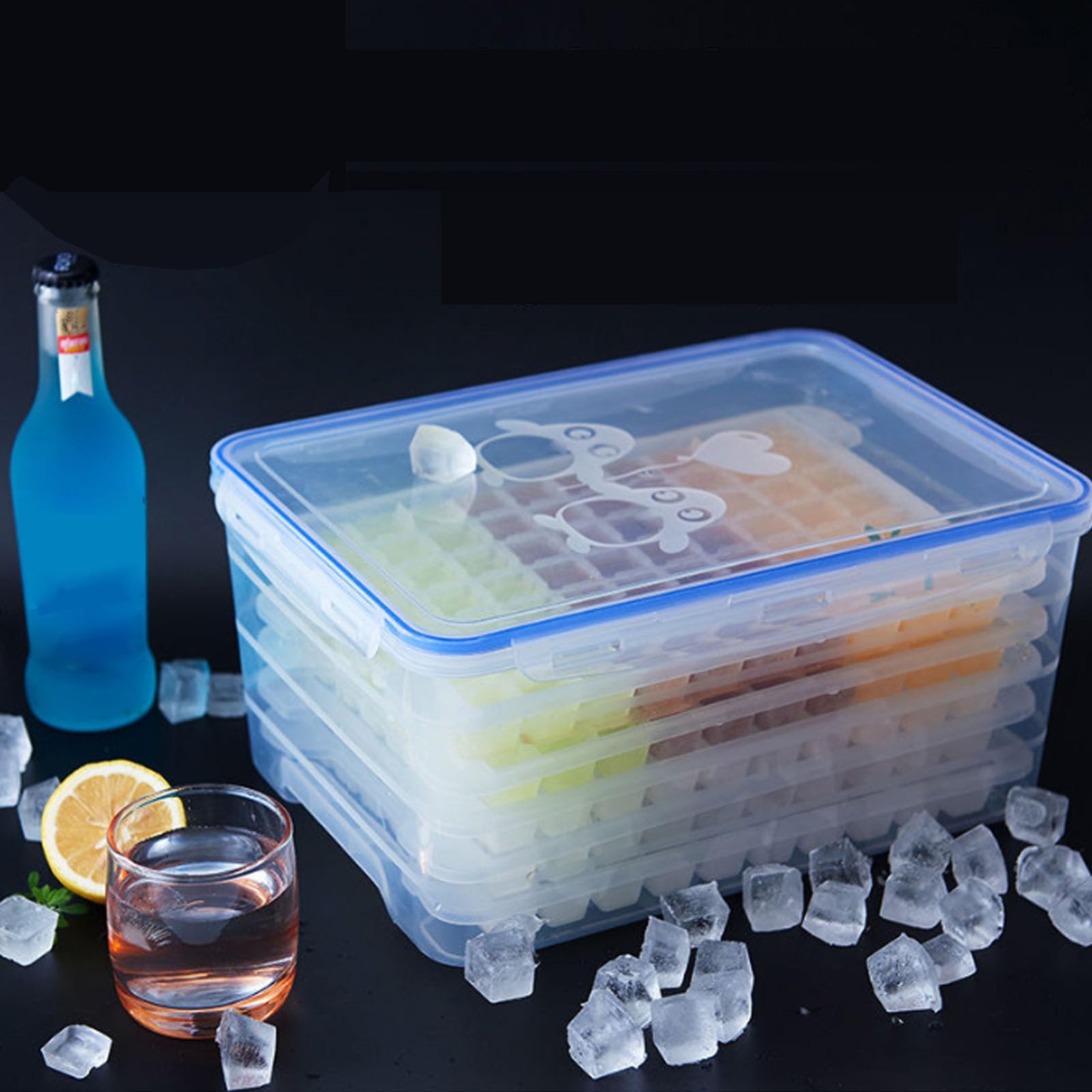Eiswürfelform mit 4 Ebenen mit Deckel & verschließbarem Mülleimer - 128 Fächer, leicht zu lösender weicher Boden, stapelbarer Eiswürfel-Organizer für Gefrierschrank, BPA-frei