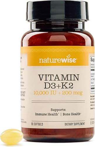 NatureWise Vitamina D3 10,000 UI Plus K2 (MK-7) 200 mcg con aceite de coco orgánico extra virgen - Apoya la absorción de calcio, salud ósea, corazón