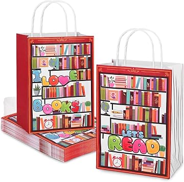 Bolsome 24 Pcs Books Reading Paper Gift Bags Back to School Read Goodie Bags with Handles for Book Lover Book Club Book Reading Themed Party First Day of School Party Decorations Supplies