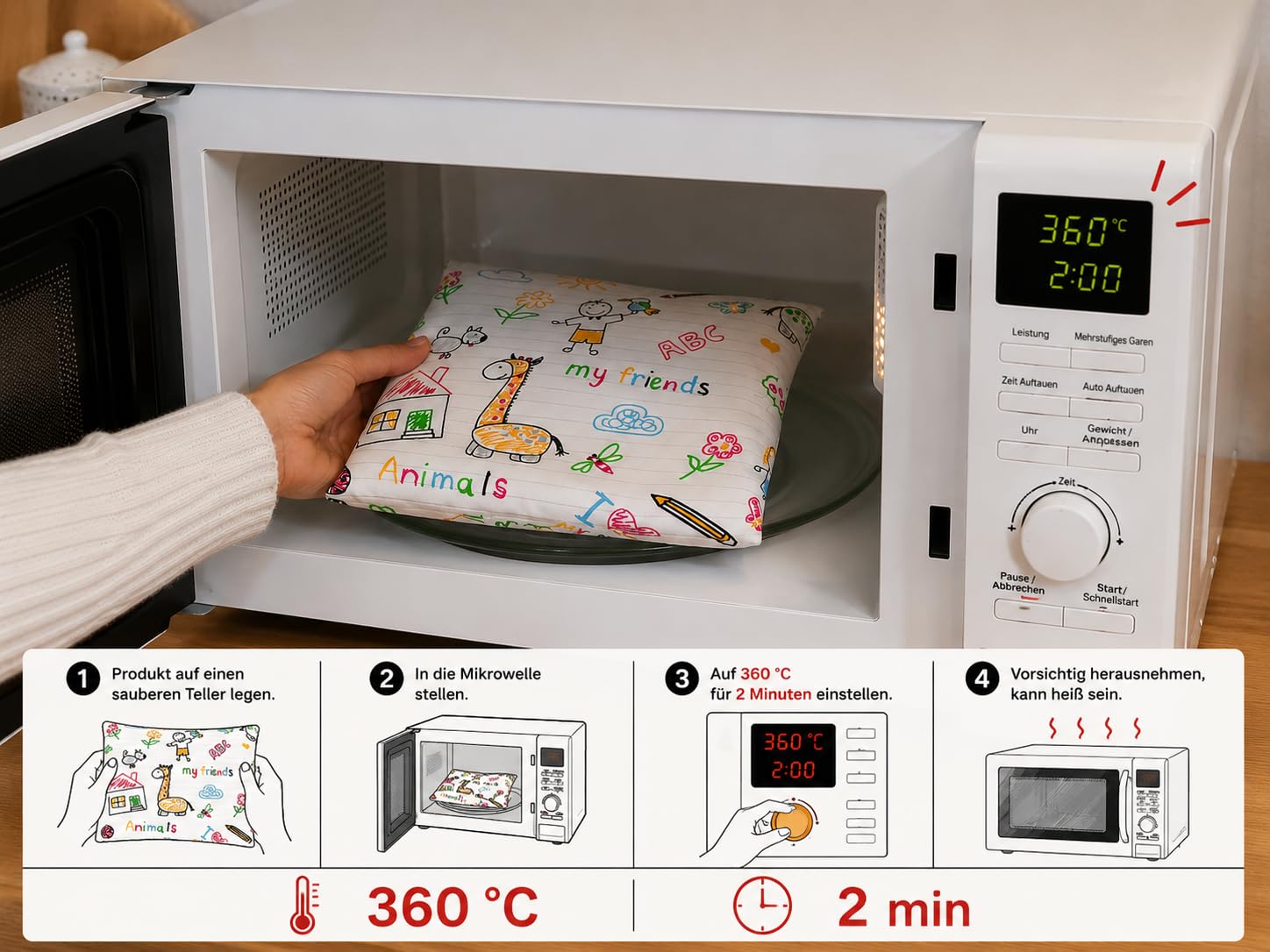 Cuscino termico ai noccioli di ciliegia 19×18 cm – dispositivo medico di classe I CE in cotone, applicazione caldo e freddo, bianco con motivo di gatti