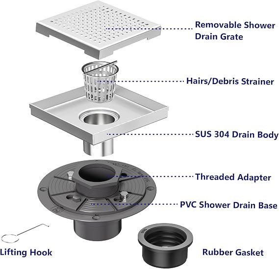 Neodrain 6 Brushed Square Shower Drain with Quadrato Pattern Grate | 304 Stainless Steel, Floor Drain with PVC Shower Drain Base and Rubber Gasket for Bathroom,Includes Hair Strainer