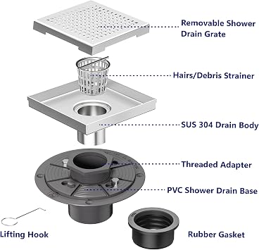 Neodrain 6 Brushed Square Shower Drain with Quadrato Pattern Grate | 304 Stainless Steel, Floor Drain with PVC Shower Drain Base and Rubber Gasket for Bathroom,Includes Hair Strainer