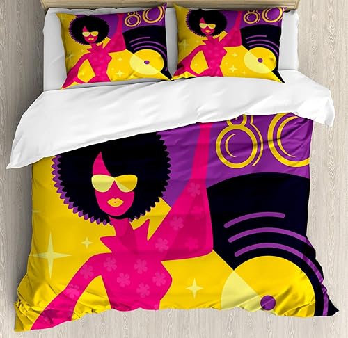 Lunarable Juego de funda de edredón retro, póster de los años ochenta con mujer bailarina con disco de pelo afro sobre fondo, juego de ropa de cama