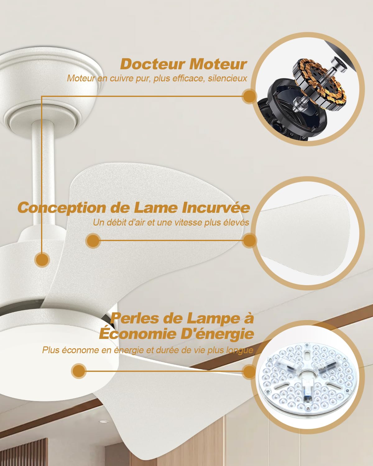 Airwit Ventilateur Plafond 71cm avec Lumière Télécommande Silencieux 3 Pales LED Moteur DC Réversible 6 Vitesses