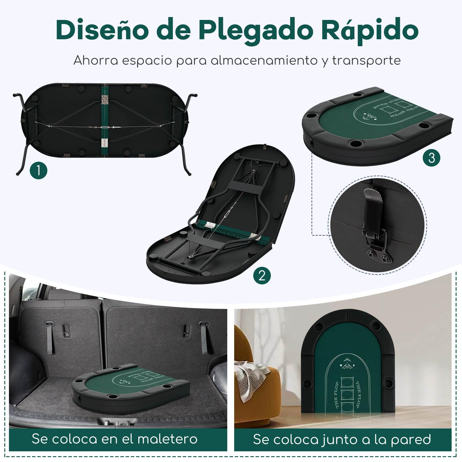 GOPLUS Mesa de Póker para 8 Jugadores, Juego de Cartas Plegable de 182 cm con 8 Portavasos de Metal, Barandas Acolchadas, Blackjack Texas Hold'em para Casa, Fiestas (Verde)