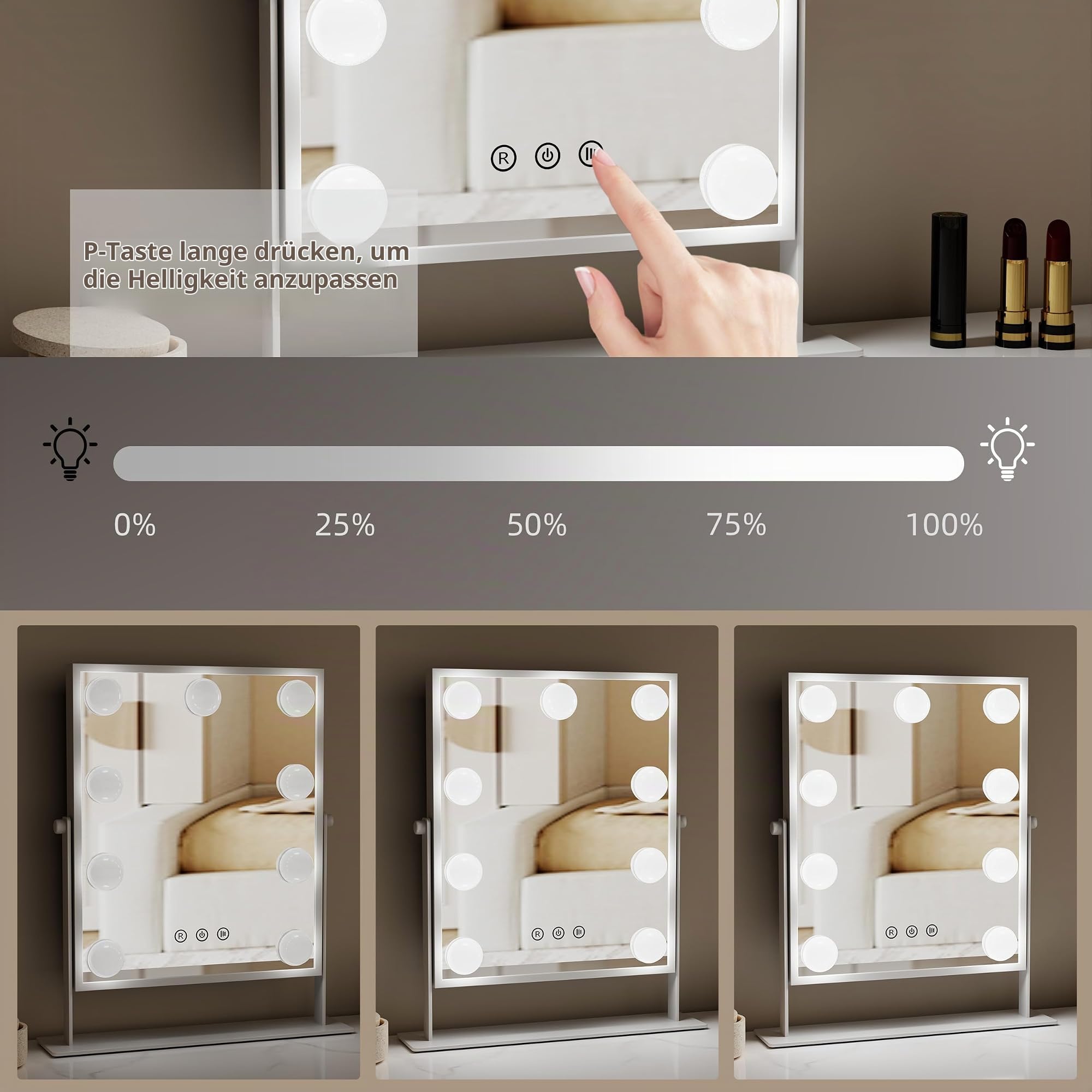 Schminkspiegel mit Beleuchtung groß – Hollywood Spiegel Schminktisch 3 Lichtfarben & Touch – Schminktisch Spiegel mit Licht drehbar – Schminkspiegel Licht – Aluminium Vanity Mirror with Light