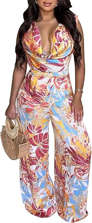 LROSEY Women Sexy Floral Print Jumpsuits Casual Boho Sleeveless Cowl Neck Wide Leg Jumpsuit Rompers for Spring Summer 2026