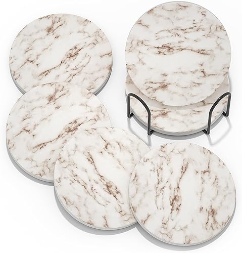 Posavasos absorbentes con soporte, juego de 6 posavasos absorbentes, posavasos de ágata de cerámica con mármol y base de corcho para mesa de café,