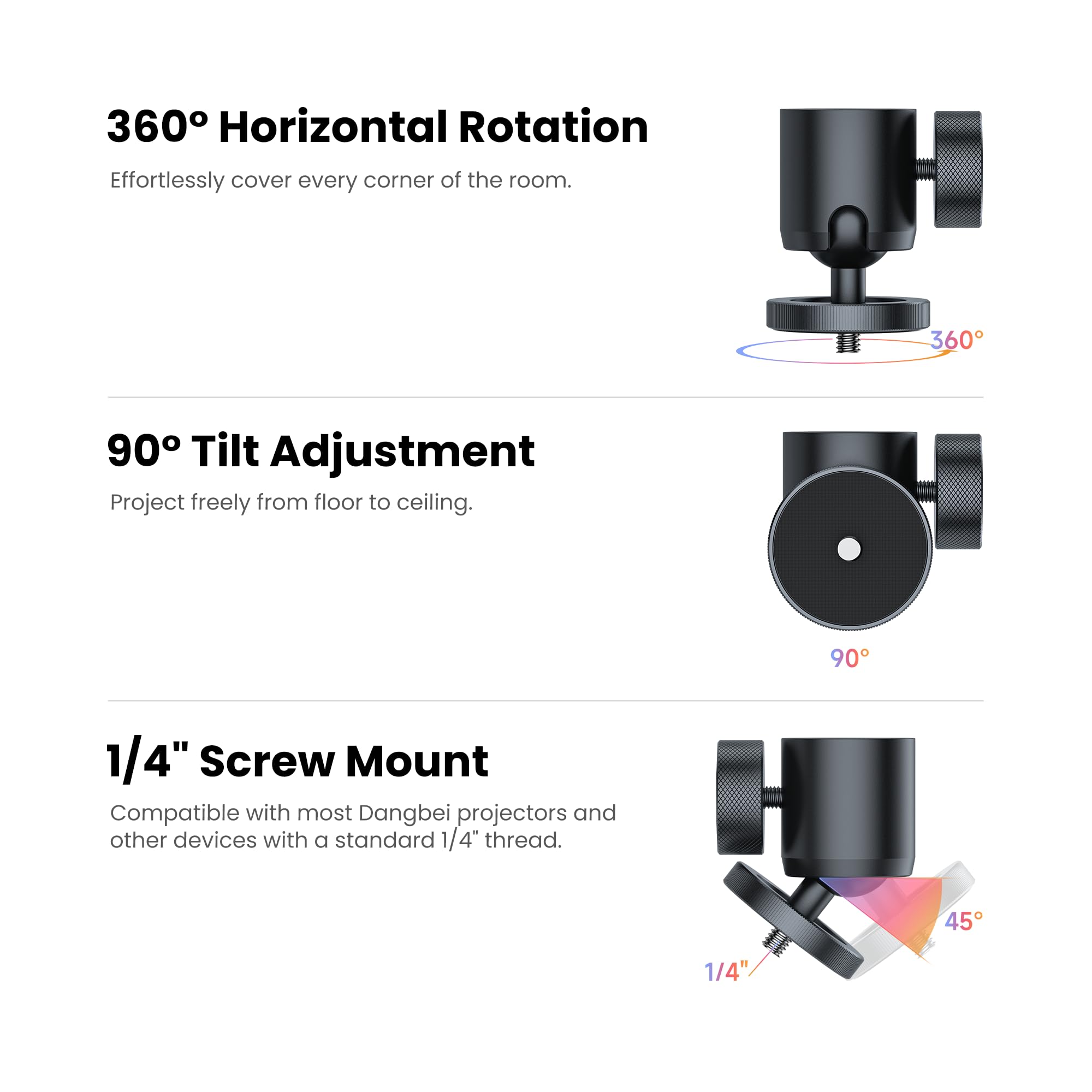 Dangbei Uchwyt sufitowy do projektora, regulacja wysokości 3,9-15,7", uchwyt projektora, śruba 1/4", kompatybilny z DBX3 Pro, DBOX02, MP1 MAX, Atom, N3 Max