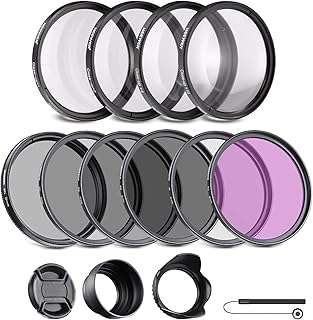 NEEWER 58mm ND/CPL/UV/FLD/Close Up Filter and Lens Accessories Kit with ND2 ND4 ND8, Close Up Filters(+1/+2/+4/+10), Tulip Lens Hood, Collapsible Rubber Lens Hood, Lens Cap, Filter Pouch