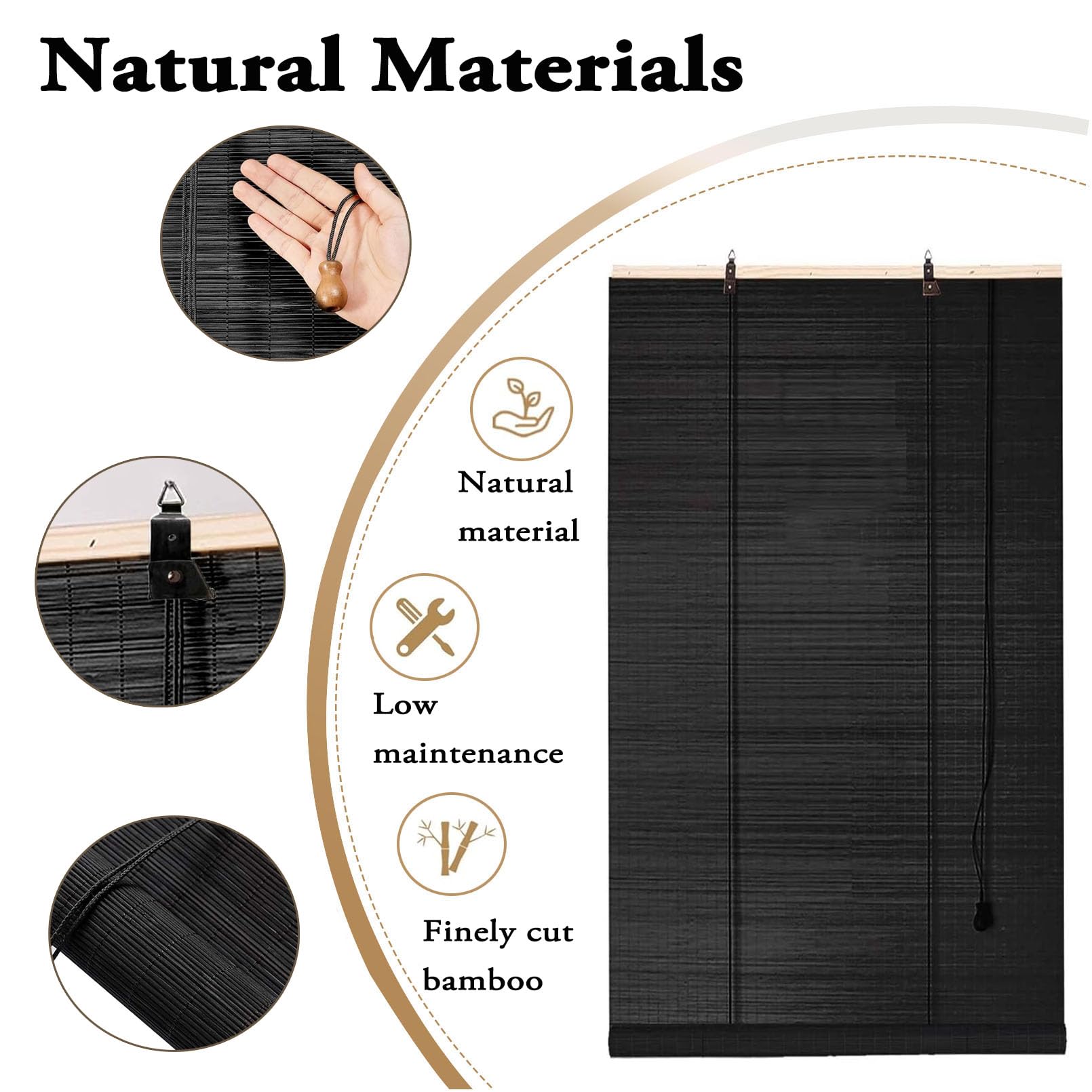 100x170cm Schwarz Bambusrollo für Fenster Sonnenschutz Sichtschutz Bambus Raffrollo Mit Lifter Outdoor Rollo Wetterfest Anti-UV Blackout Jalousie für Garten Terrasse Balkon Dekoration