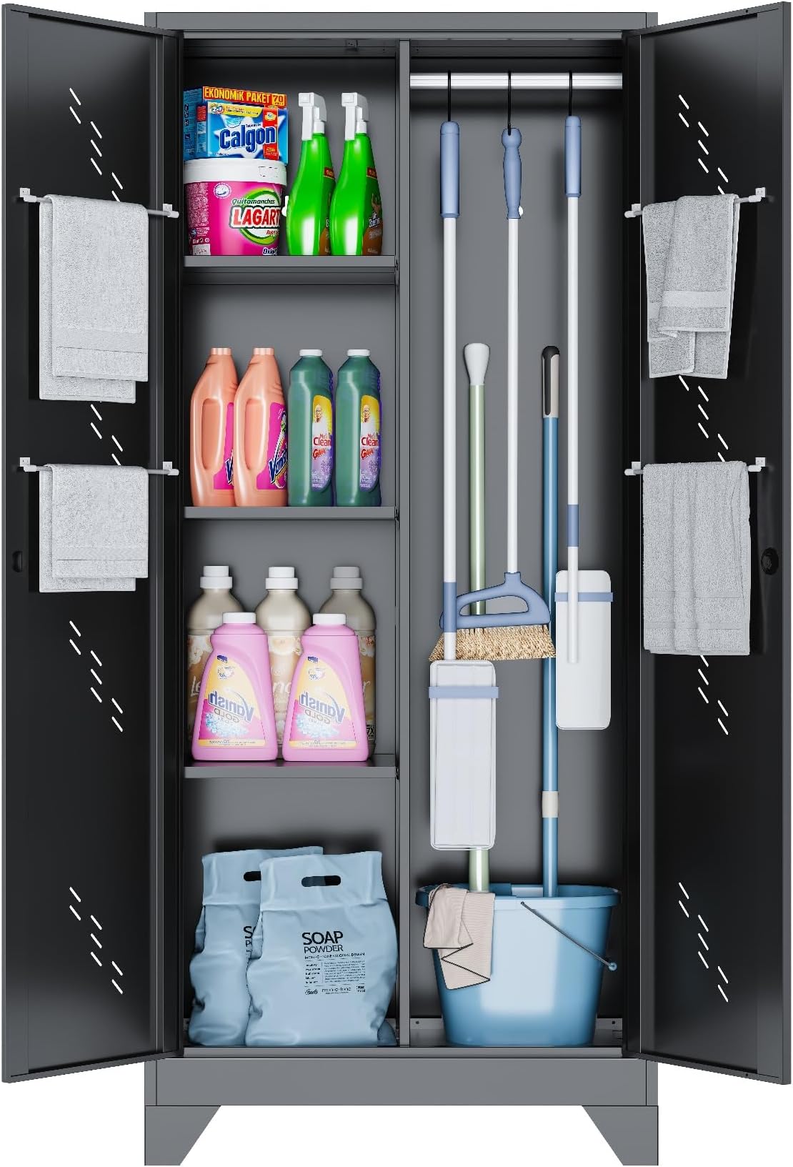 Metal Storage Cabinet, Large Tool Cabinets with Lockable Doors, 71" Kitchen Pantry, Tall Garage Storage with Hanging Rod. Utility Closet for Office, Garage, Laundry Room