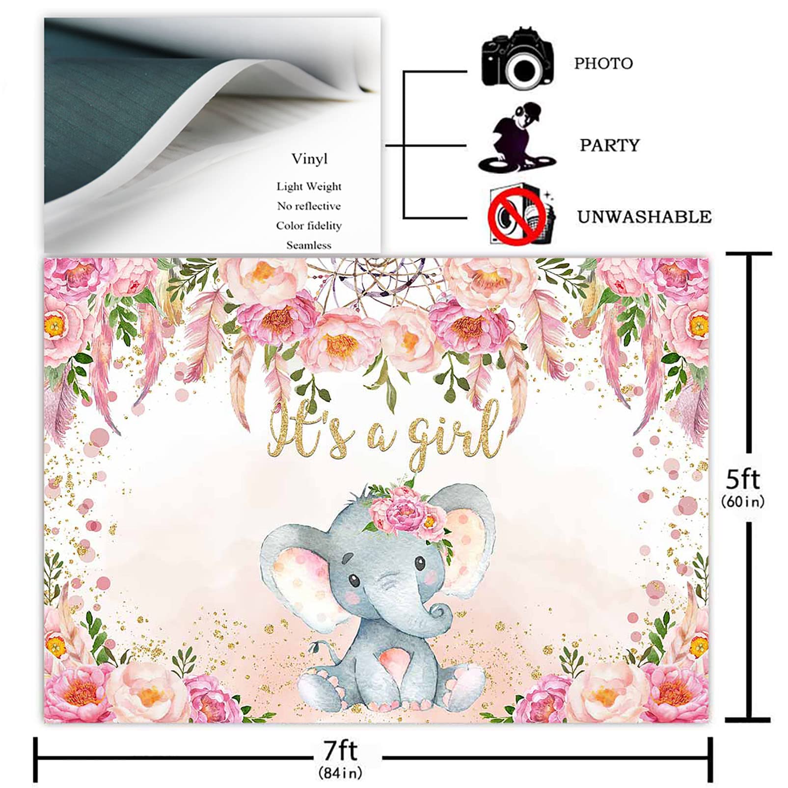 Avezano Elephant Baby Shower Backdrop for Girl Blush Pink Floral It's a Girl Newborn Kids Birthday Party Decoration Photography Background Elephant Birthday Photoshoot Supplies (7x5ft)