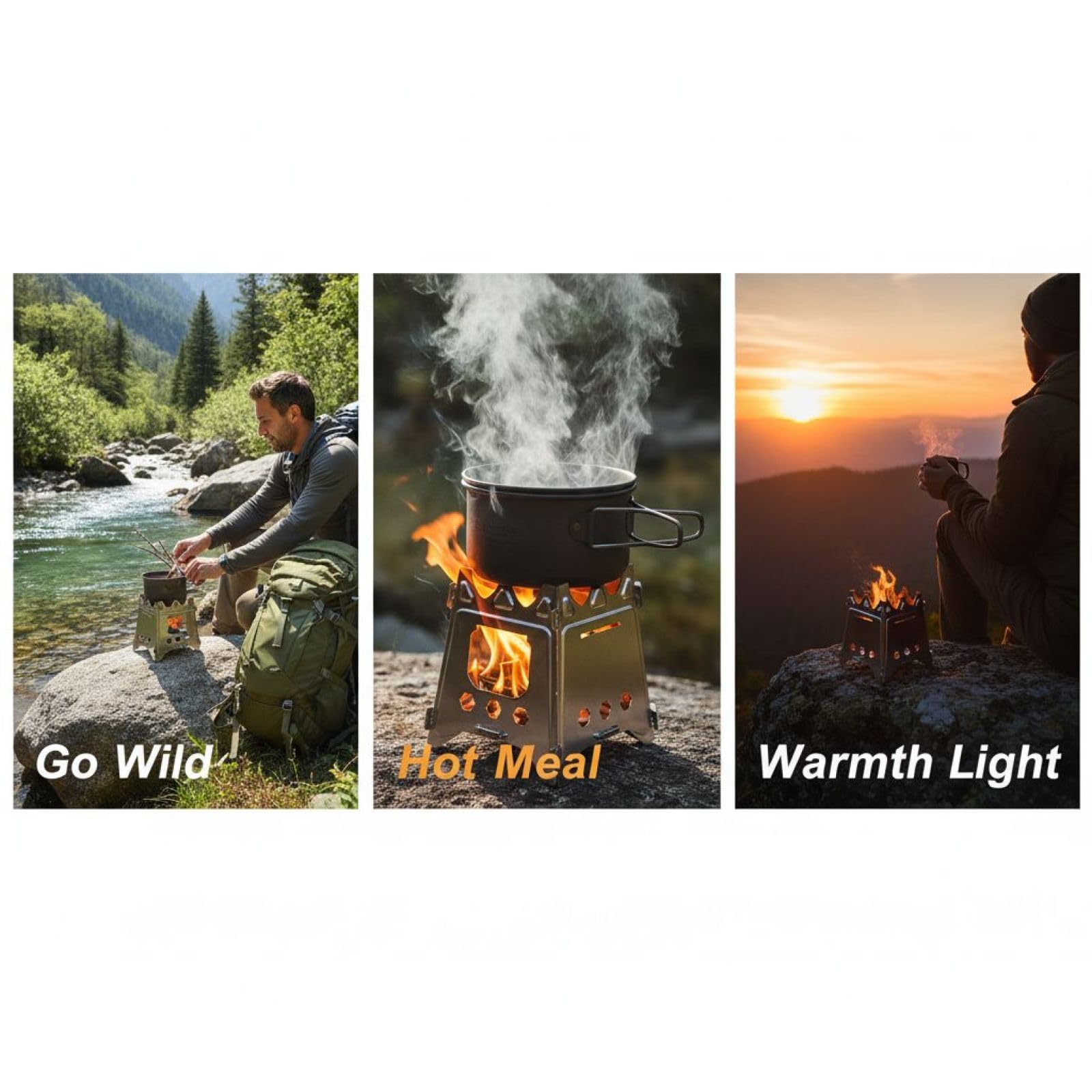 Réchaud bois camping en acier inoxydable, réchaud pliable portable pour randonnée et bivouac, équipement léger de plein air pour jardin, patio, barbecue, pique nique, survie et maison