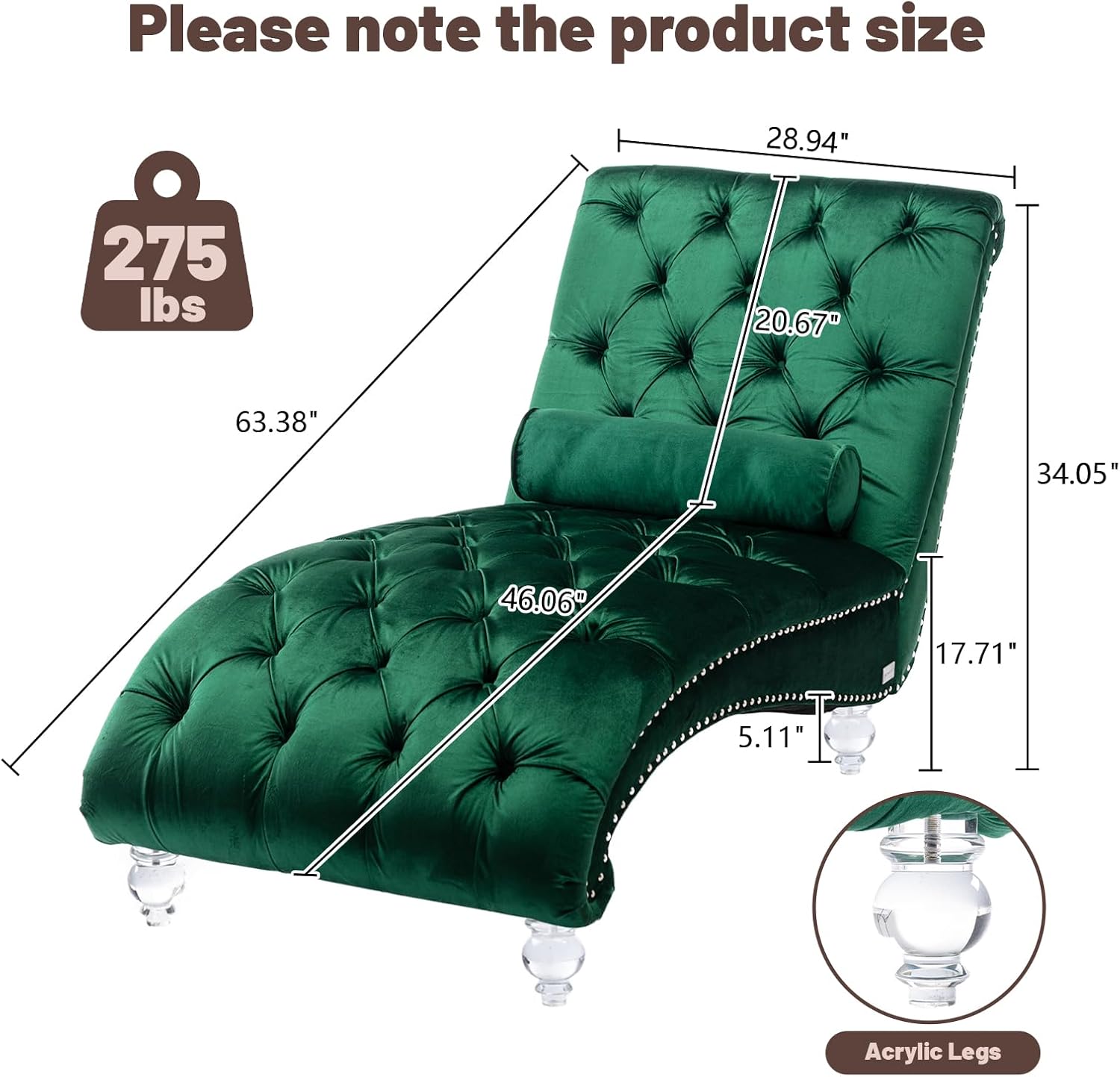 Chaise Lounge Chair Indoor Emerald Velvet Upholstered Button Tufted Chaise Lounge Chair with Acrylic Legs and Lumbar Pillow, Leisure Recliner Single Lounge Sofa for Living Room, Bedroom Furniture