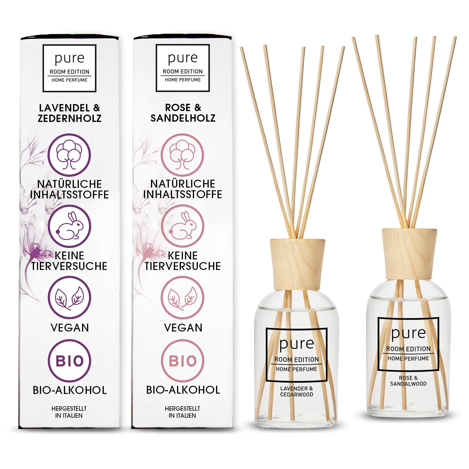 Raumduft Set Ruhe & Leidenschaft 2x250ml Duft: Wellness | für Zuhause, beruhigend & entspannend, Diffuser mit Duftstäbchen, natürliche Inhaltstoffe, tierversuchsfrei, Lavendel & Rose