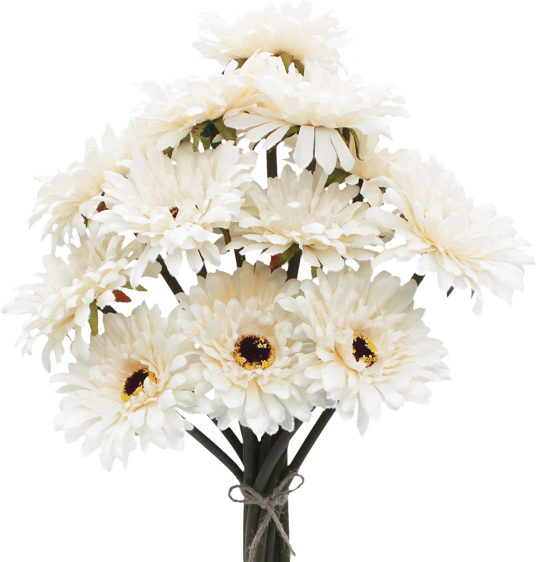 12PCS Artificial Gerbera Flower Single Stem Bloom Bouquet Plastic Silk Fake Decorative Flora Outdoor Indoor Home Garden Office Hotel Wedding Party Cream White