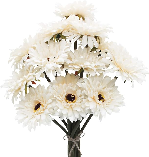 HASWITDA 12PCS Artificial Gerbera Flower Single Stem Bloom Bouquet Plastic Silk Fake Decorative Flora Outdoor Indoor Home Garden Office Hotel Wedding Party Cream White