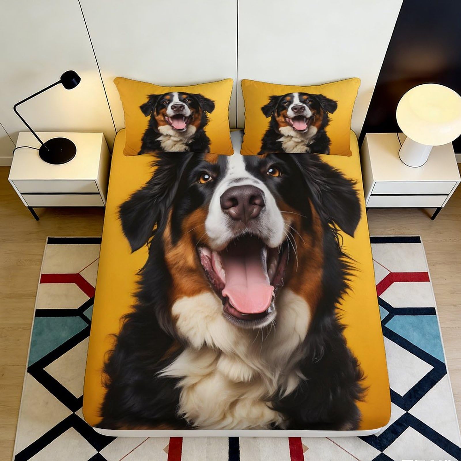 3D Printed Bernese Mountain Dog Fitted Sheet Microfiber Yellow Cartoon Dog Mattress Cover Bedroom Decor Washable 180x200x25cm
