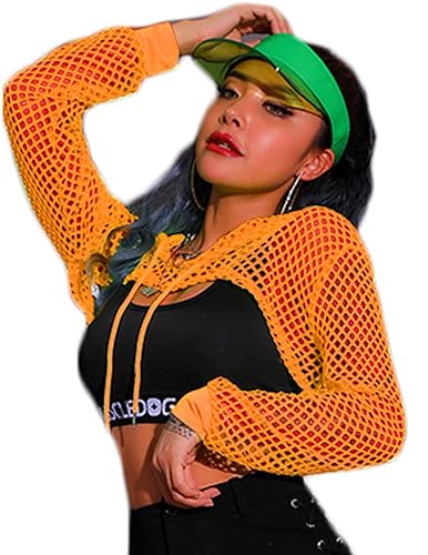 Avidlove Damen Fischnetz Top Langarm Hoodie Mesh Oberteil Festival Outfit Crop Sexy Shirt Neon Netzoberteil mit Kapuze Kordelzug Halloween Vorne Kurz und Hinten Lang - XL - Orange
