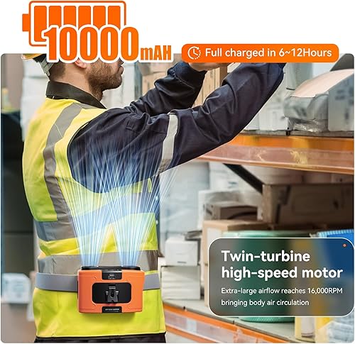 Miniatura 5 de Ventilador de cintura personal de 10000 mAh, clip recargable por USB para trabajar, 10 velocidades y enfriamiento 40 horas y prevención de golpes de
