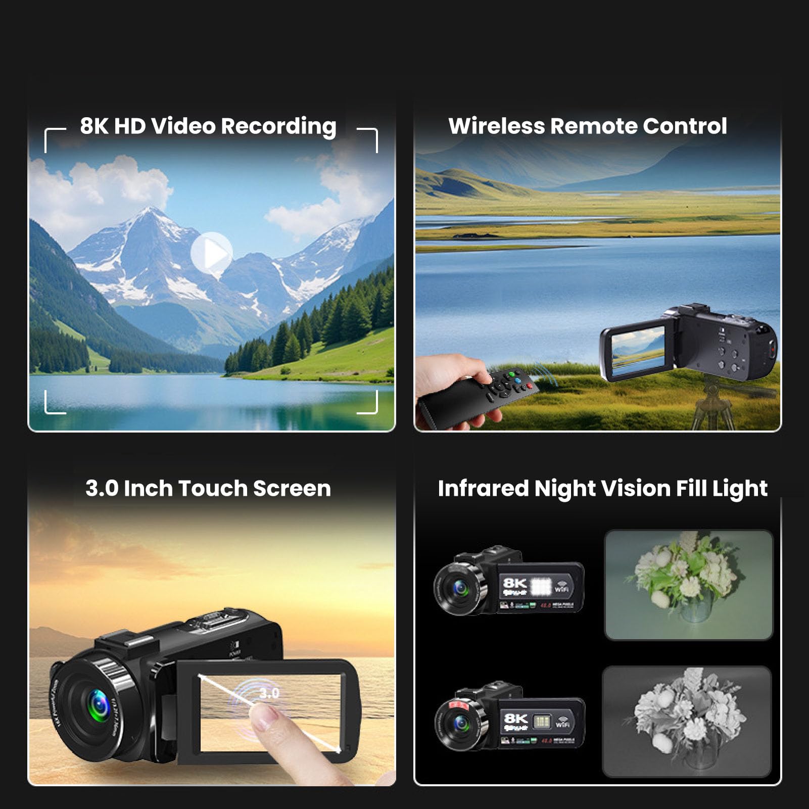 Akozon Cámara de Vídeo 8K Videocámara Multifuncional con Zoom Digital 64MP 18X para Viajes