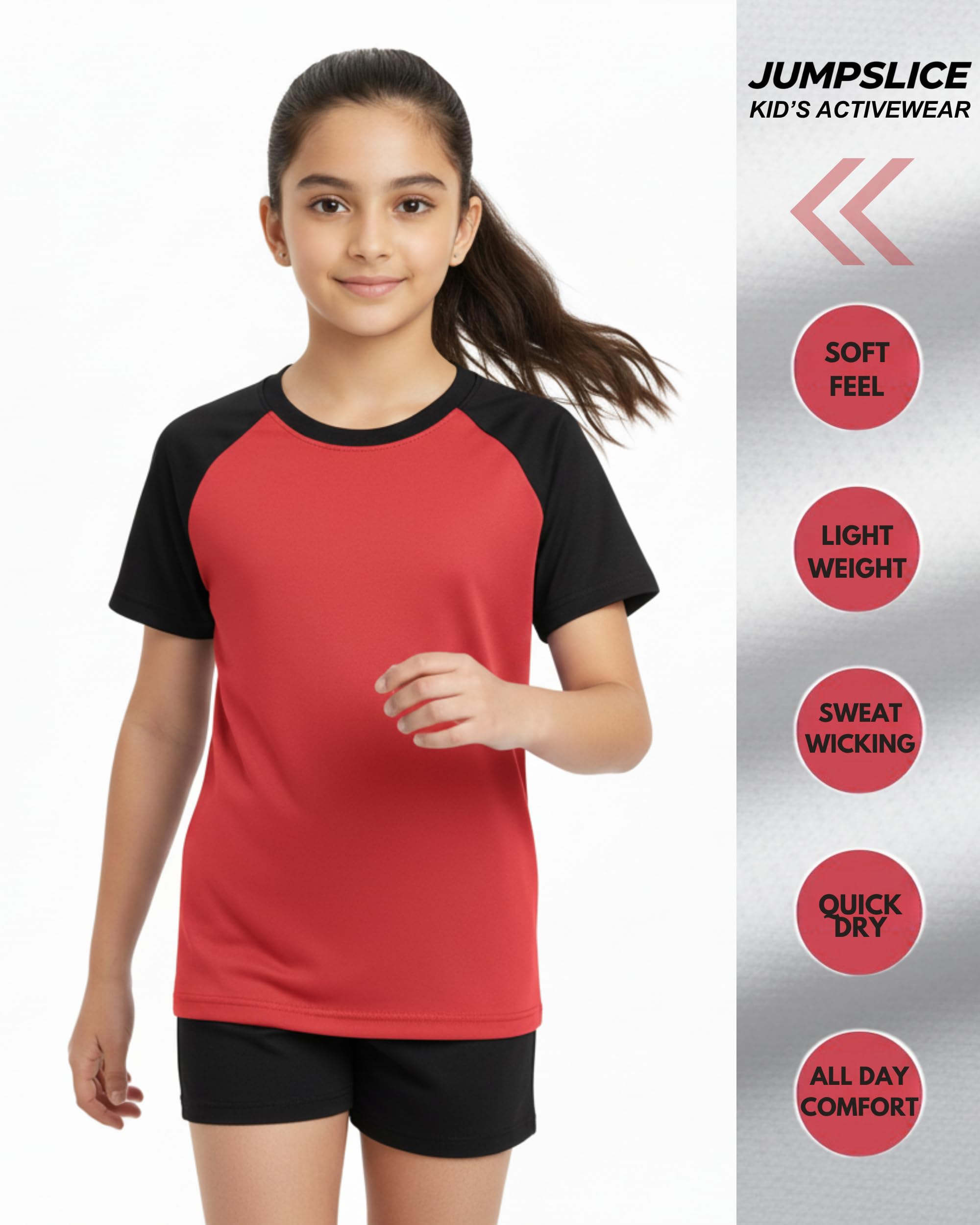 JUMPSLICE Girls Dry-Fit Sports T-Shirt | Quick-Dry Moisture-Wicking Raglan Half Sleeve Activewear for Kids 4-15 Yrs | Lightweight for Outdoor & Gym (in, Age, 14 Years, 15 Years, Regular, Red) 2