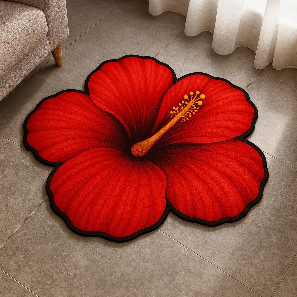 Red Hibiscus Flower Shaped Floor Mat, Anti-Slip Water Absorbent Soft Fabric Rug, 25x25 Inches, Decorative for Bathroom Living Room Bedroom Entryway
