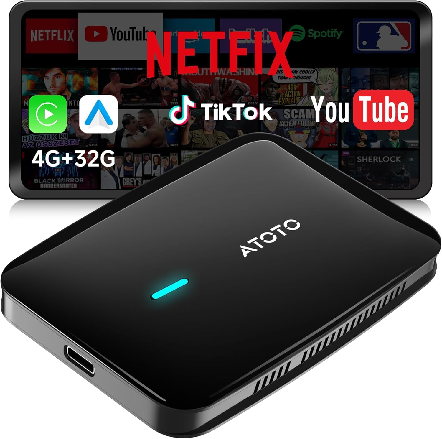 Adaptador CarPlay Android Auto Inalámbrico, AI Box carpaly Youtube/Netflix | 4+32GB,DriveChat AI, YouTube, Doble WiFi, Bloqueo Bluetooth,Aplicaciones instalables