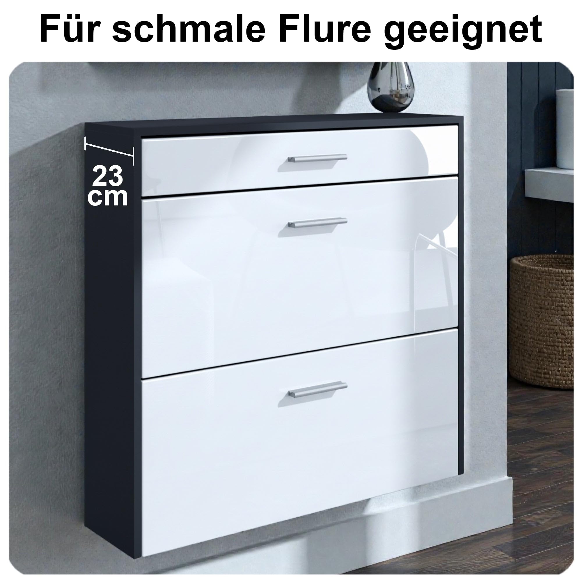 hängender Schuhschrank Roma Air Schmal mit 2 Klappen und 1 Schublade, Platzsparender Schuhkipper Flurschrank für Diele Flur Garderobe, Schwarz matt (89 x 87 x 23 cm)