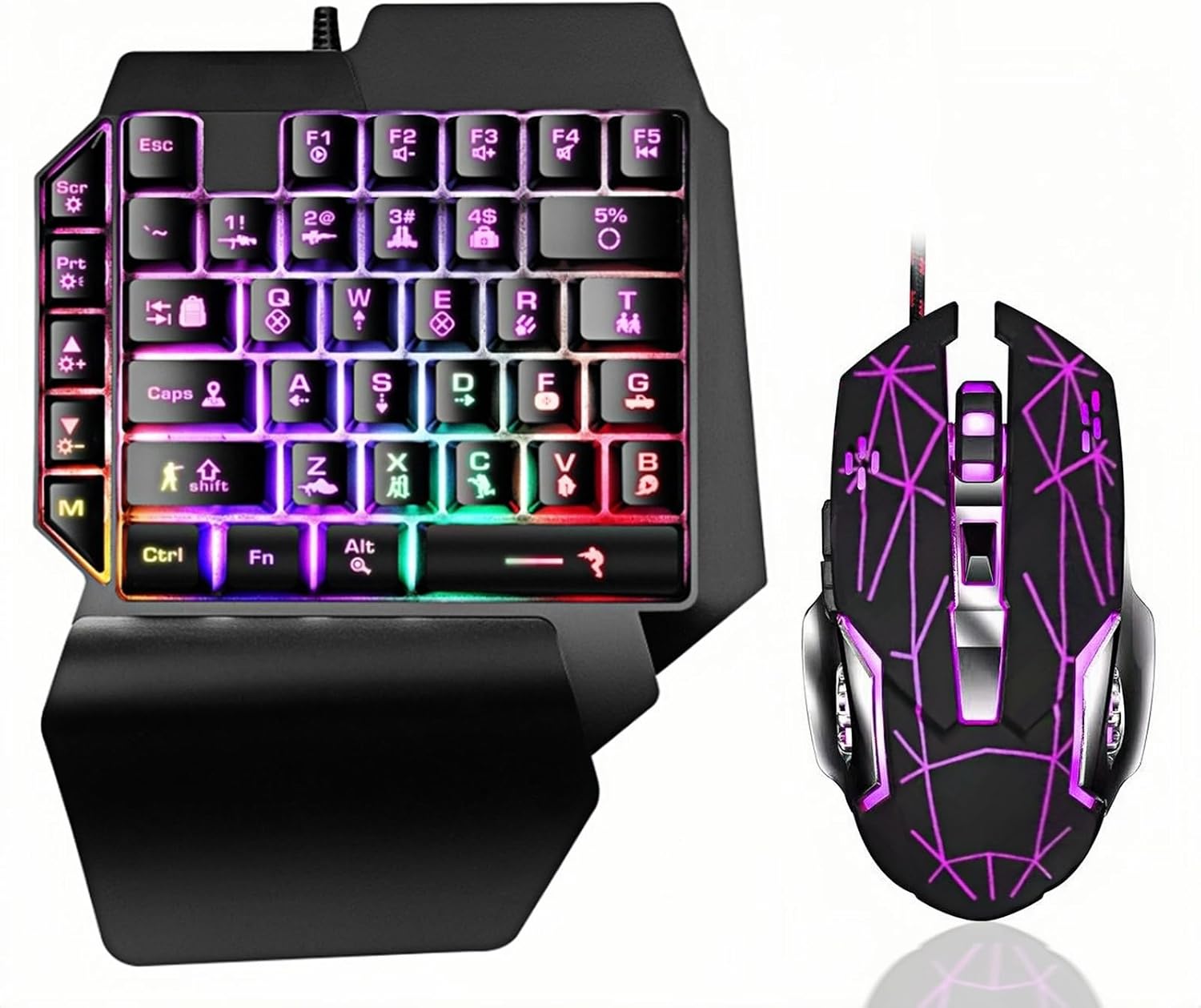 Wired One Handed Gaming Keyboard and Mouse Combo with Rainbow LED Backlit 39 Keys Portable Mini Gaming Keypad Ergonomic Game Controller for PC Gamer-Black